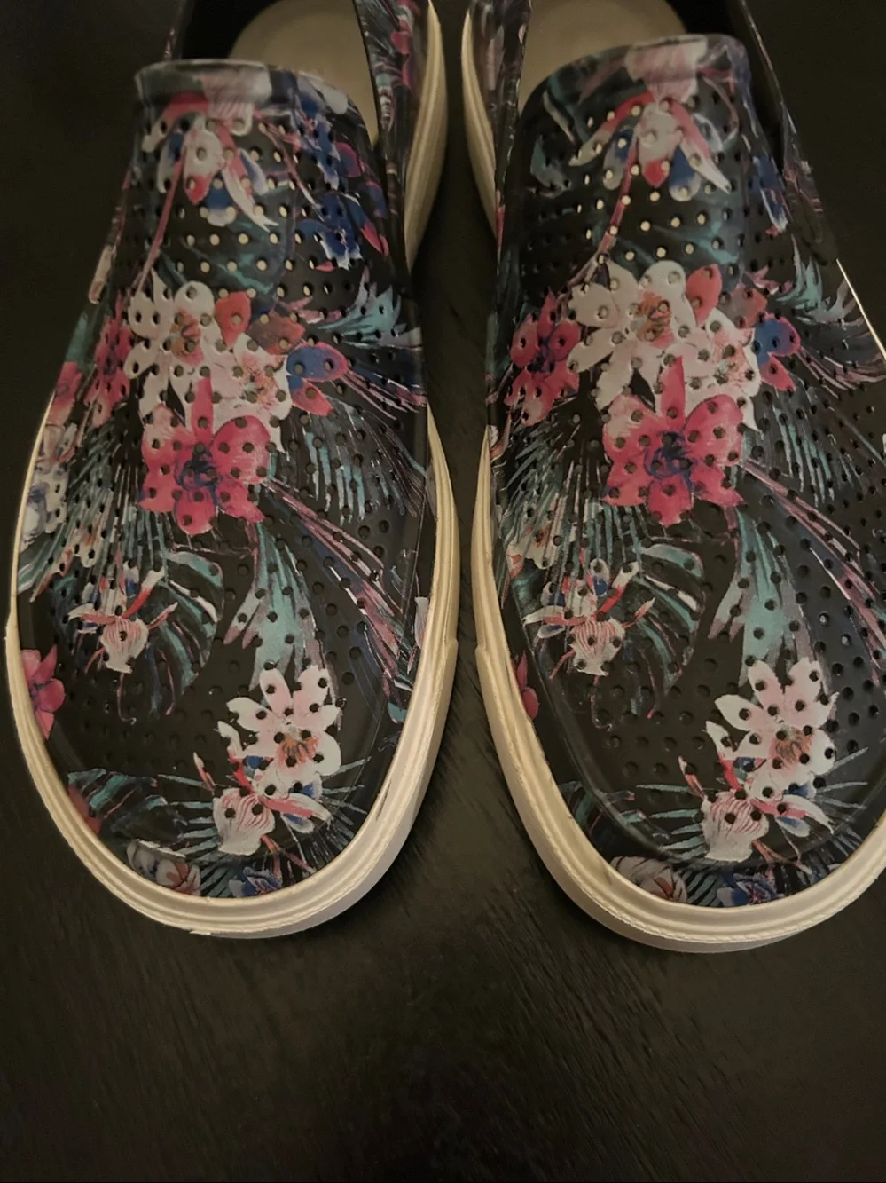 CROCS Black Floral Slip-On Flats with Pink & Blue Accents